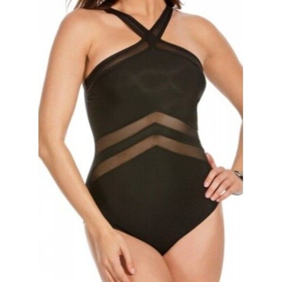 New MIRACLESUIT One Piece Swimsuit Size 12 US Point Of View Black Cutout Lace